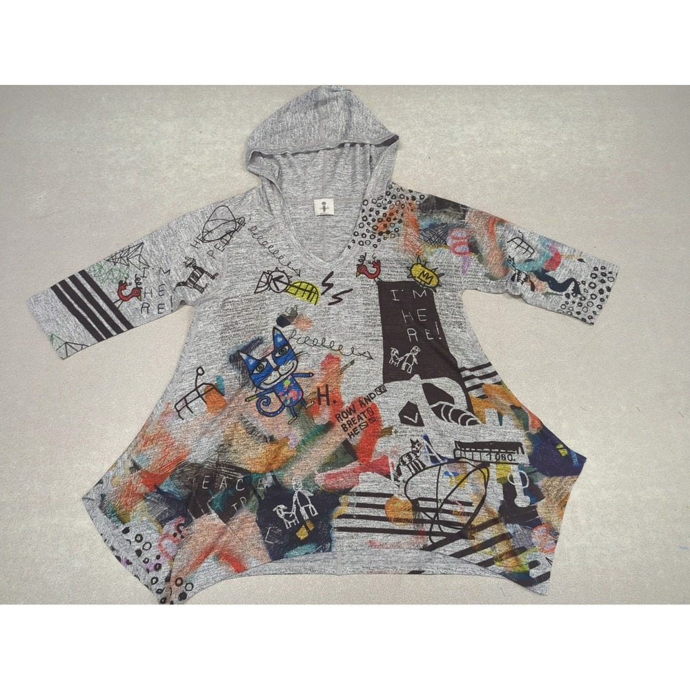 INOAH USA Tunic Top M Art To Wear Cat Hoodie Grafitti Asymmetrical Gray Blouse